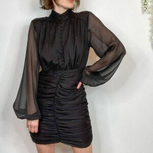 House Of Harlow Ruched Dress‎ Black Metallic Balloon Sheer Sleeves Sz 10